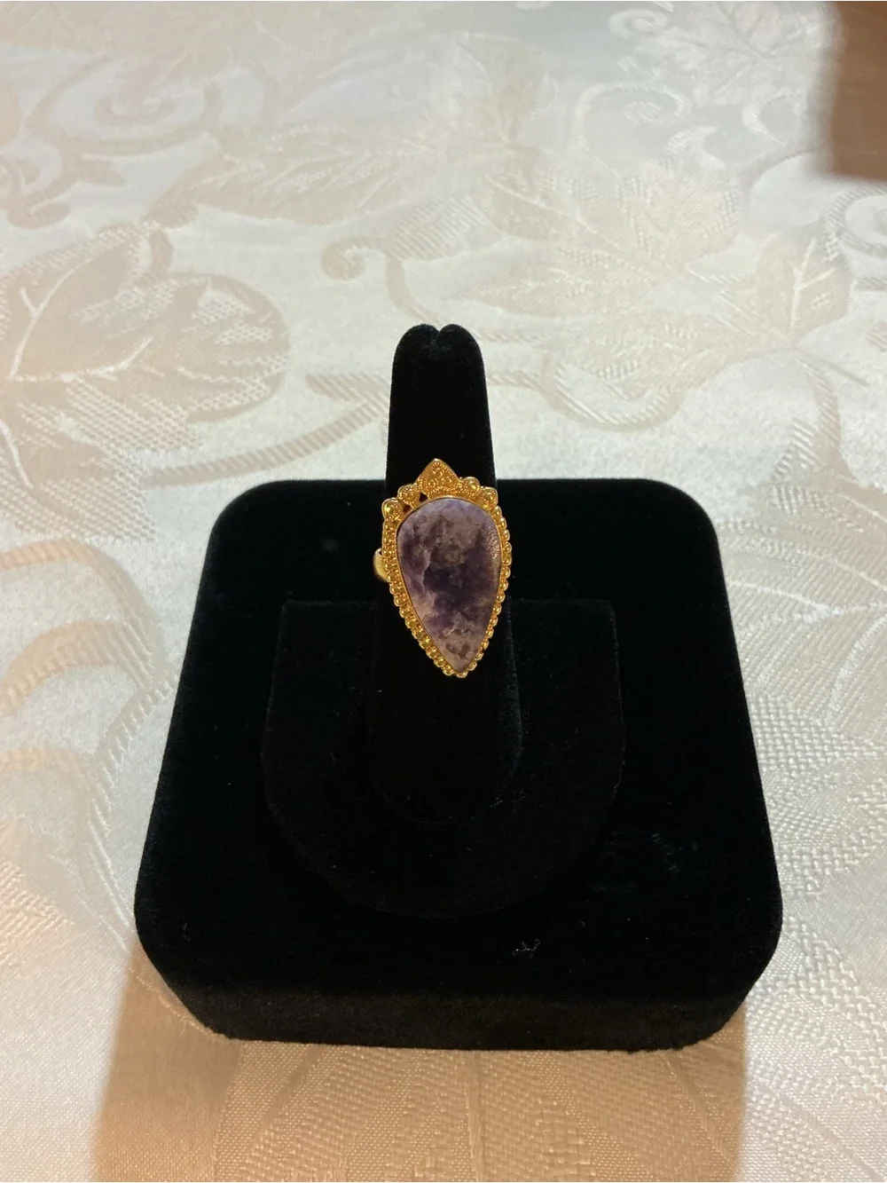 Chevron Amethyst Teardrop Crown Vintage Gold Plated Ring